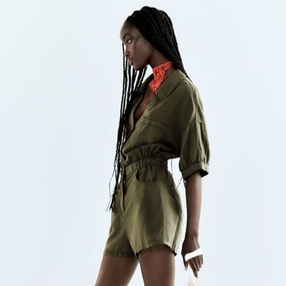 Zara Linen Blend Khaki Jumpsuit New - Picture 9 of 10